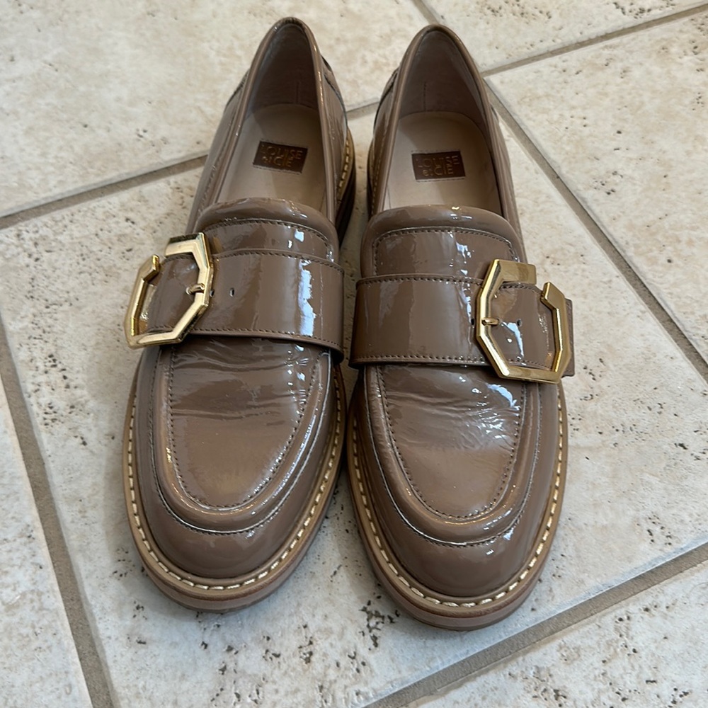 Patent taupe loafers